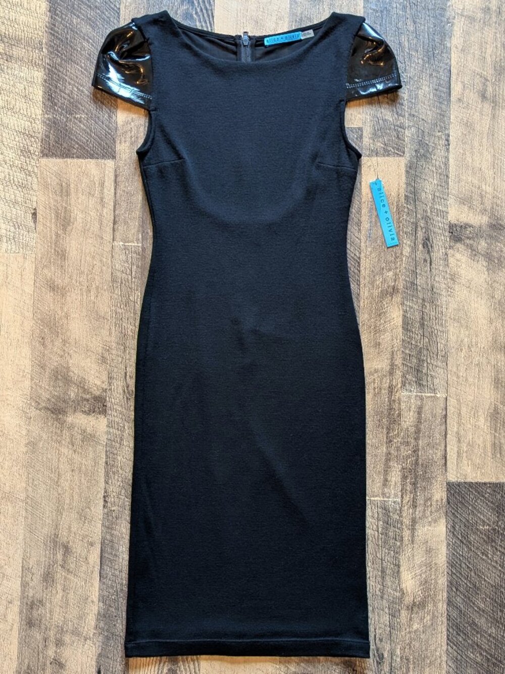 alice and olivia black dress with leather + | Dresses | Alice Olivia Wool Sheath Patent Cap Sleeves Party Wear Sarees